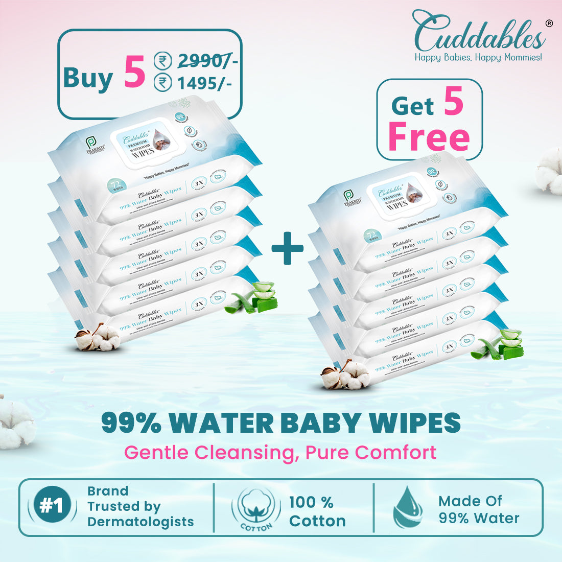 99% Pure Water Baby Wipes | Buy More Save More | 72 Wipes/Packet